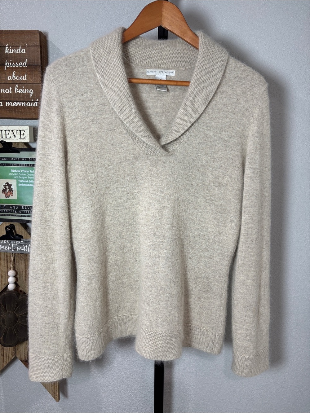 Sarah Spencer Cream Shawl-Collar Angora Rabbit,Lambs Wool,Nylon Sweater pp21 L24